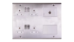 Deta Decorative Deta Slimline Décor Media Plate with Data Modules Stainless Steel White Insert with co-axial male and secondary telephone outlets alongside 4 blanks