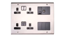 Deta Decorative Deta Slimline Décor Media Plate with Data Modules Stainless Steel Black Insert with co-axial male and secondary telephone outlets alongside 4 blanks