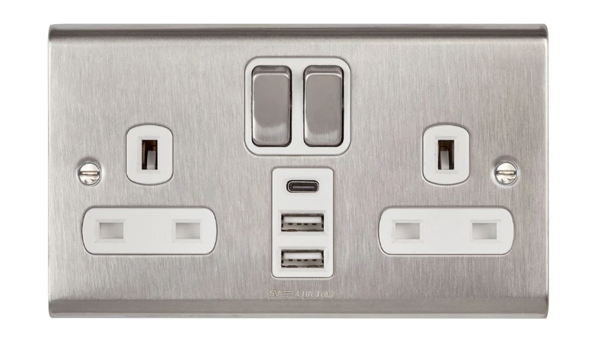 Deta Decorative Deta Slimline Décor 2 Gang 13A Switched Socket with 3 USB Ports (1 x Type C + 2 x Type A, 4.0A)  Stainless Steel White Insert