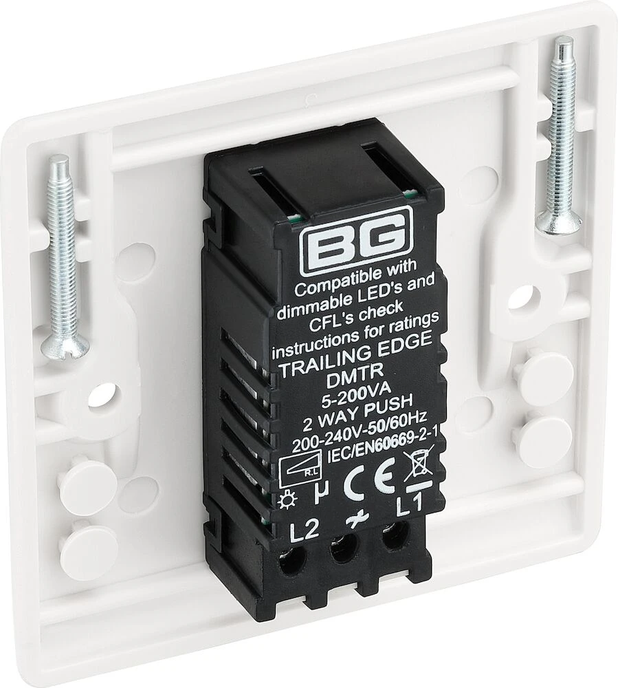 BG Nexus Series White Moulded Single Dimmer Switch 2 Way, Trailing Edge 200W