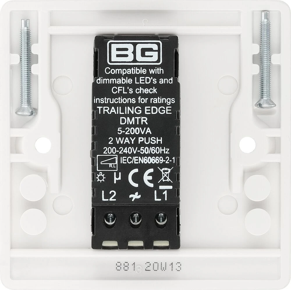 BG Nexus Series White Moulded Single Dimmer Switch 2 Way, Trailing Edge 200W