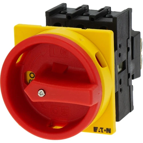 Moeller Main switch, P1, 32 A, flush mounting, 3 pole, Emergency switching off function, With red rotary handle and yellow locking ring, Lockable in the 0 (Off) positio