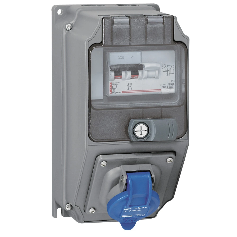 Hypra IP44 16A 200/250V AC 2 Pole + Earth Surface Mounting Single Socket Combination Unit with RCBO