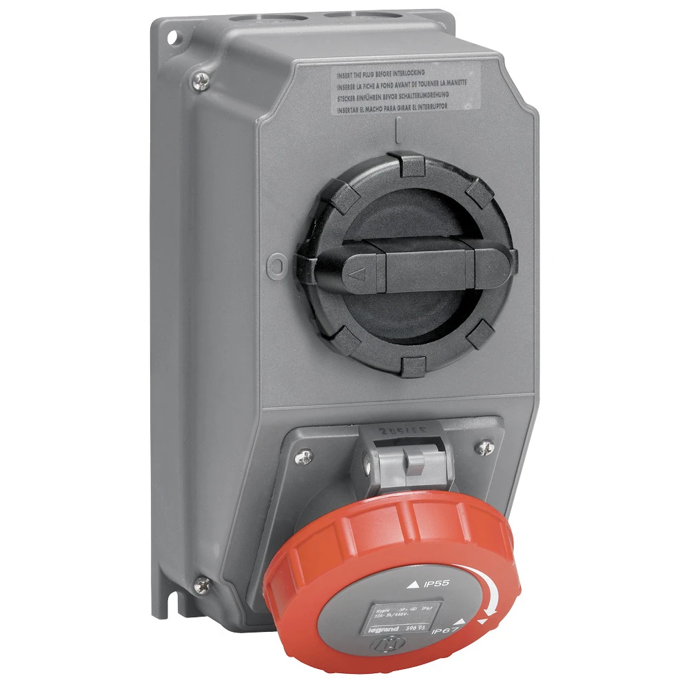 Hypra IP66/67-55 32A 380/415V AC 3 Pole + Neutral + Earth Surface Mounting Single Socket Combination Unit with Switch