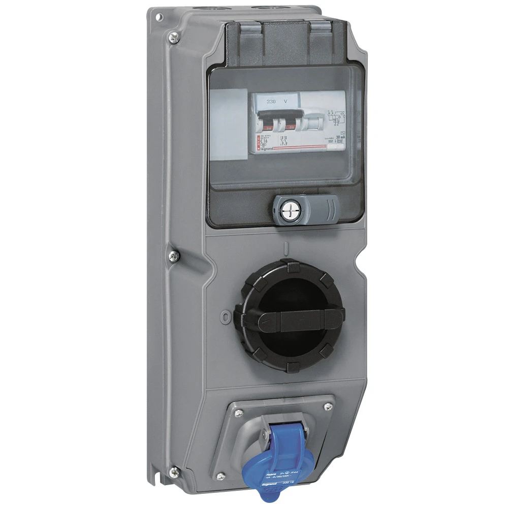 Hypra IP44 16A 200/250V AC 2 Pole + Earth Surface Mounting Single Socket Combination Unit with Switch and RCBO