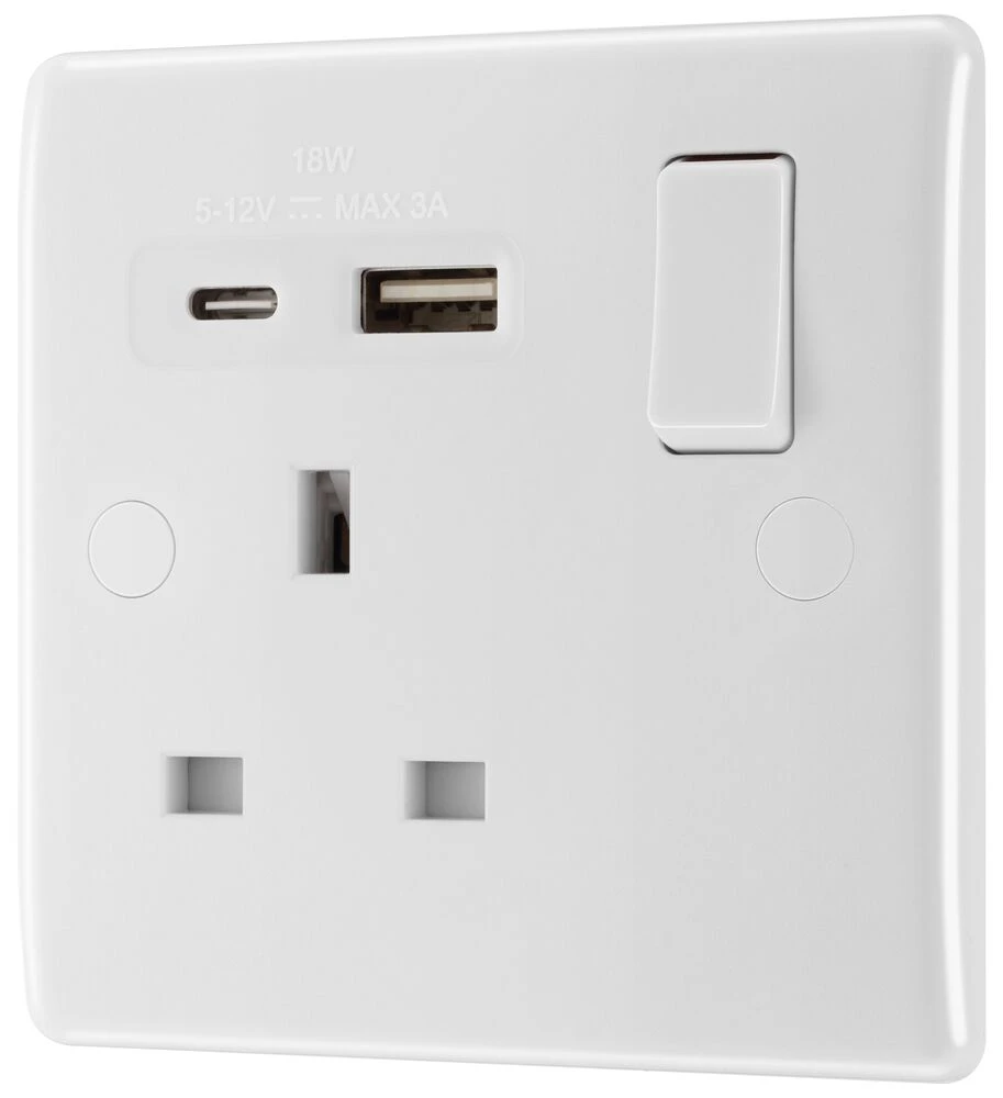 BG Nexus 800 Series, 13A Single Switched Socket with USB A + C 18W