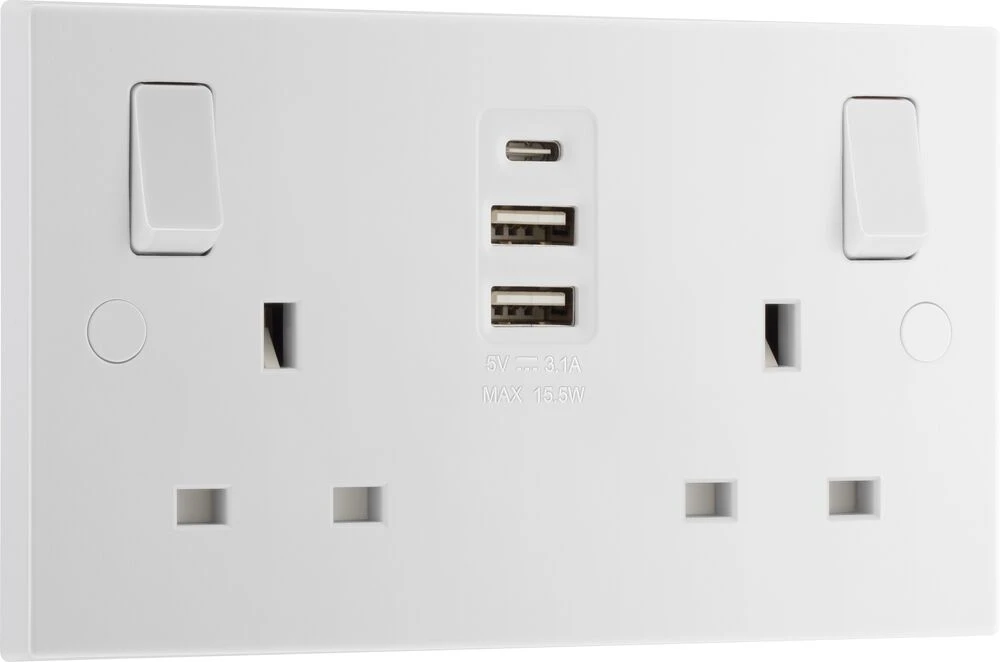BG Nexus 800 Series, 13A Double Switched Socket with 2 x USB A + 1 USB C (15W)