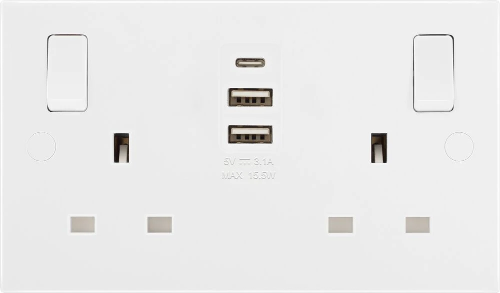BG Nexus 800 Series, 13A Double Switched Socket with 2 x USB A + 1 USB C (15W)