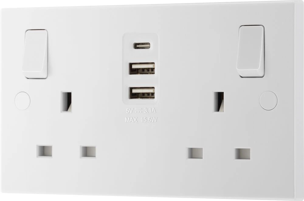 BG Nexus 800 Series, 13A Double Switched Socket with 2 x USB A + 1 USB C (15W)
