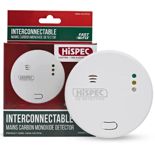Hispec Interconnectable Fast Fix Mains Carbon Monoxide Detector with 10yr Rechargeable Lithium Battery Backup  