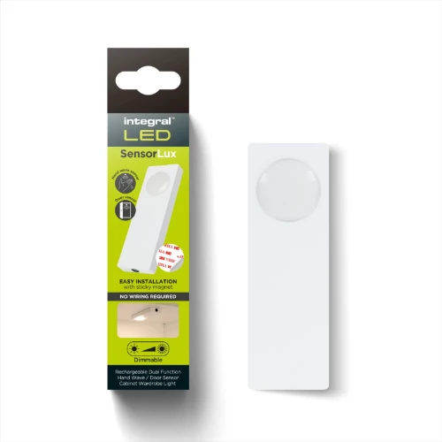 Integral LED Sensorlux Cabinet Wardrobe Light 180mm 80lm 3000K With Dual IR Hand Wave And Door Sensor Dimmable Rechargeable Battery