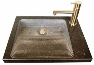 Ligne Pierre Linea Plus lavabo à poser 400 x 300 x 100 mm - Pierre bleue - pierre naturelle - avec trou de robinet droite - sans trop-plein - avec bouchon de vidange - avec suspension type O