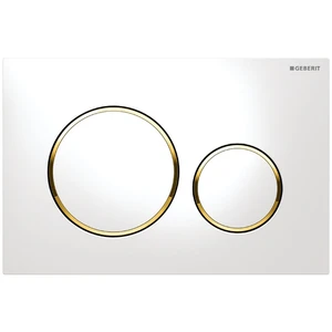 PLAQUE DE COMMANDE TOILETTE GEBERIT SIGMA 20 blanc or synthetique reserv. a encastrer 2 boutons de commande - anneau autour plaqué or