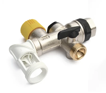 ProOne boilerveiligheidsgroep draaibare afvoer MF EK3/4 x 3/4 - met 2 electrolysekoppeling - teflon zitting - geel