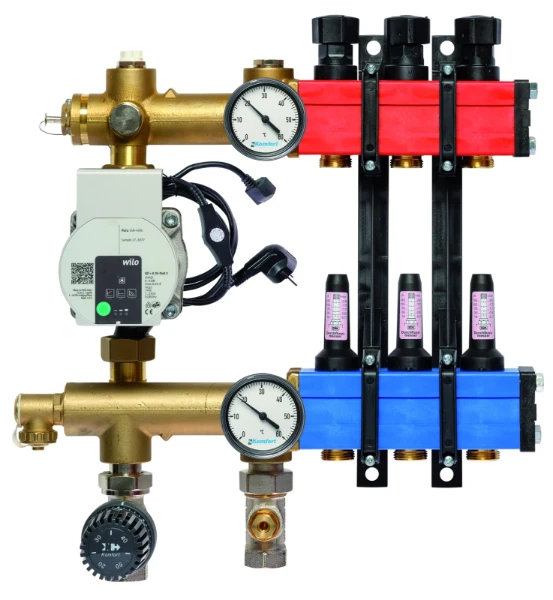 SBK Komfort 4802 verdeler met pomp en debietmeters 60-250l/h onder aansluiting, 3 kringen