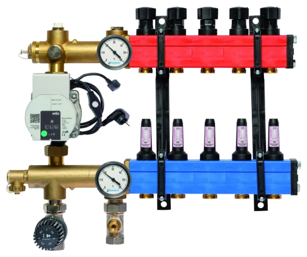 SBK Komfort 4802 verdeler met pomp en debietmeters 60-250l/h onder aansluiting, 5 kringen