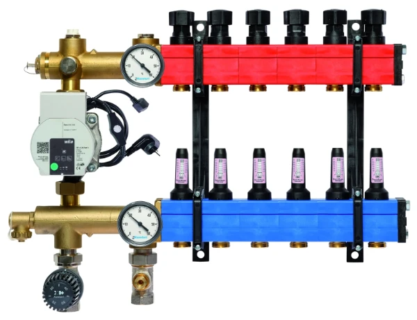 SBK Komfort 4802 verdeler met pomp en debietmeters 60-250l/h onder aansluiting, 6 kringen
