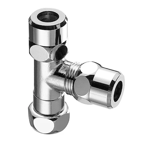 Schell T-knelkoppeling FFF 3/8 x 10 x 10 mm - chroom - met wartelmoer