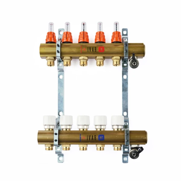 Begetube UFH messing collectorset vloerverwarming met ingebouwde debietmeters en regelkranen 5/4 - 9 x M24 - ophangbeugels 250 mm - met vul- en aflaatkranen