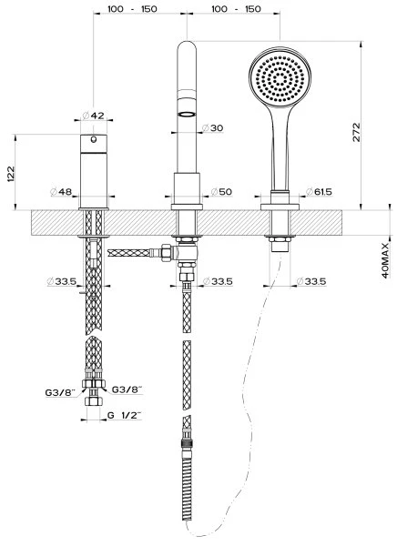 Gessi Via Tortona Mélangeur bain-douche trois trous avec bec, inverseur, flexibles de raccordement 1,50m et douchette anticalcaire. Inverseur surle bec. Finox nickel brossé