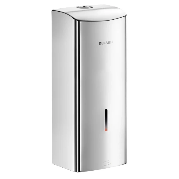 ELECTRONISCH ZEEPVERDELER DELABIE 1 inox poli glanzend gepolijst 105 - 90 o 256 ! rvs 304 antivandaal model-wandmontage op batterij
