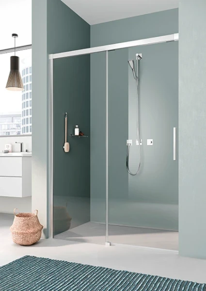 NIL2L18020VPK Kermi Nica L2L schuifdeur 1800 x 2000 mm - verstelbaarheid 1785-1810 mm - SIHG ESG helder Clean 2-delig zonder bodemprofiel vast segment links - profiel : zilver hoogglans