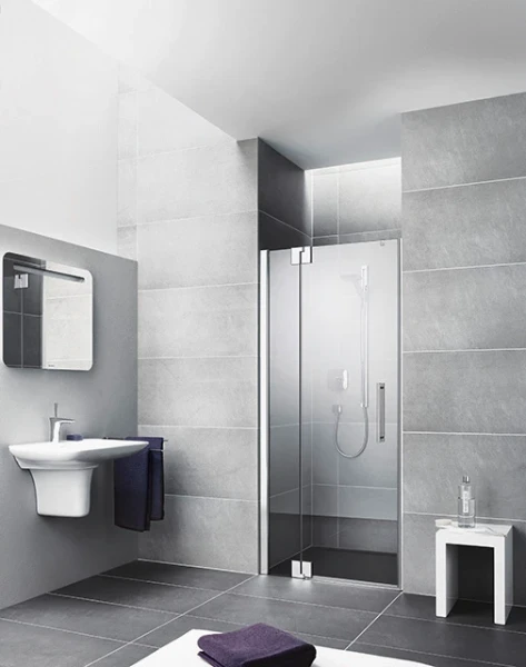 Kermi Pasa XP 1TR pendeldeur 900 x 2000 mm - verstelbaarheid 875-910 mm - SIHG ESG helder Clean draaideur binnen/buiten open met vast segment scharnierzijde rechts - profiel : zilver hoogglans