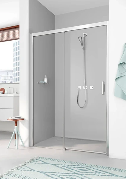 Kermi Pega D2R schuifdeur 1800 x 2000 mm - verstelbaarheid 1770-1800 mm - SIHG ESG helder 2-delig zonder bodemprofiel vast segment rechts - profiel : zilver hoogglans