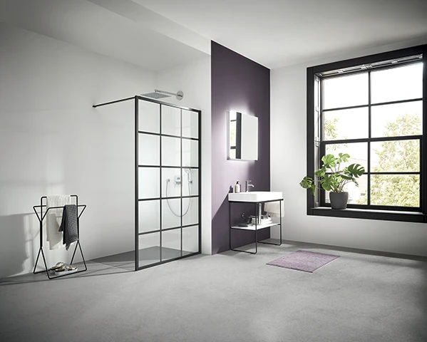 XDWW1140203PK Kermi Walk-In XD WW1 Walk-in douchewand 1400 x 2000 mm - verstelbaarheid 1380-1400 mm - SWS ESG helder Clean Wall - geprint decor - profiel : zwart soft