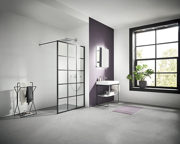 CLOISON DOUCHE KERMI WALK-IN DARK EDITION 98-100 - 200 ! cm Verre claire profile de grille Square Soft Noir
