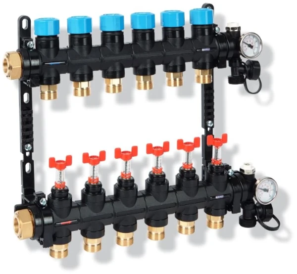 Henco UFH MDK composite collecteur prémonté avec débitmètre (0-3 l) 4/4 - 10 x EK3/4 - noir