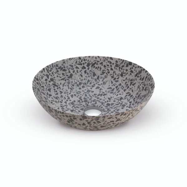 Looox Ceramic Terrazzo opbouwwastafel rond 400 x 400 x 150 mm - zwart - keramiek - zonder kraangat - zonder overloop