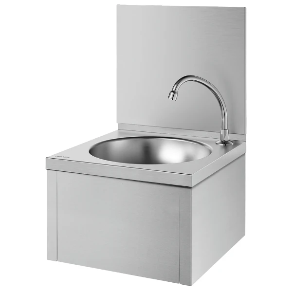 Delabie SXS lavabo avec dosseret et commande au genou 385 x 385 mm - RVS 304 mat - avec robinet à fermeture automatique - sans trop-plein