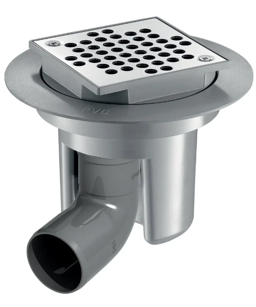 DELABIE Siphon sol dur 100x100 H. régl. sortie horizontale coude Ø50