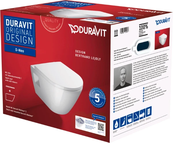 Duravit D-Neo cuvette suspendue Rimless PACK (cuvette suspendue + abattant avec softclose) sans bride - blanc - L360xP540 mm