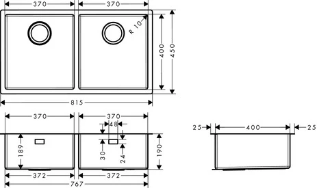 HANSGROHE S719-U765-Evier à sous-encastrer 370 x 370 - rvs