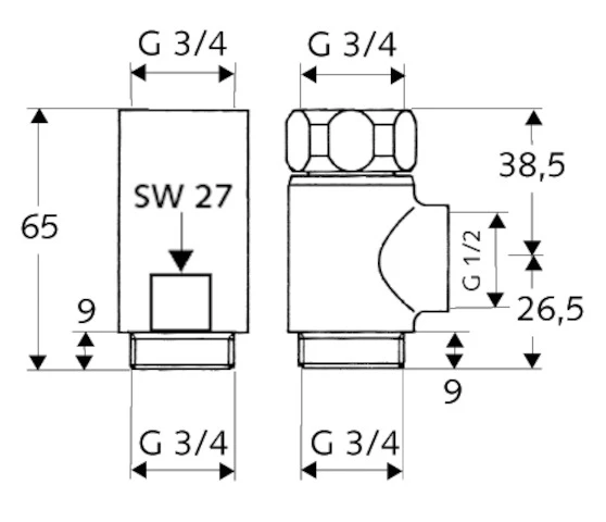 SCHELL T-stuk en afstandsstuk met wartelmoer, 3/4", chroom