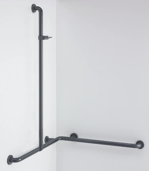 Normbau Nylon Care Main courante de maintien avec support de douchette, position de la barre verticale réglable NY.487.215 Antibac, 767 x 767 x 1158 mm, NY.BRH 91, Blanc 019