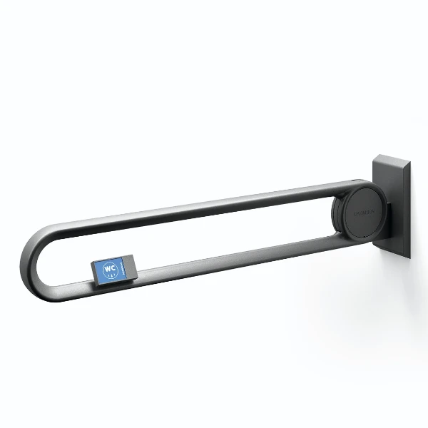 Normbau Cavere Barre d'appui rabattable vario 7447293, amovible, avec télécommande gauche, L = 900 mm, avec platine de fixation, Cavere® argent métallisé 096