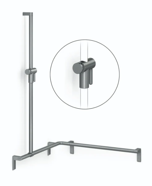 Normbau Main courante de maintien avec support de douchette à position réglable, 750 x 750 x 1100 mm, à gauche, Cavere® Blanc satiné 092