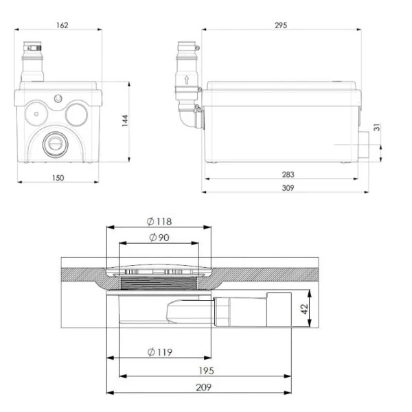 POMP SANIBROYEUR SANIDOUCHE flat voor afvoer lage douche - V 3m en 20m H