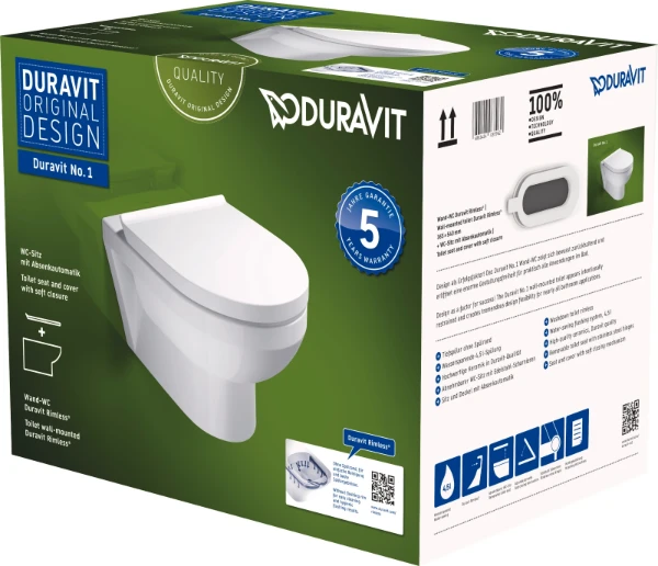 45750900A1 Duravit DuraStyle Basic hangtoilet PACK Rimless (hangtoilet + zitting met softclose) zonder spoelrand - wit - B365xD480 mm