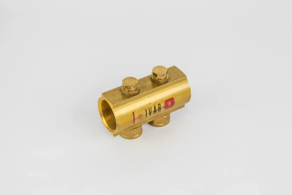 BEGETUBE Distributeur-collecteur en laiton étiré, dia. 1"1/2, avec organes à double réglage micrométrique et 2 sorties 3/4" F.