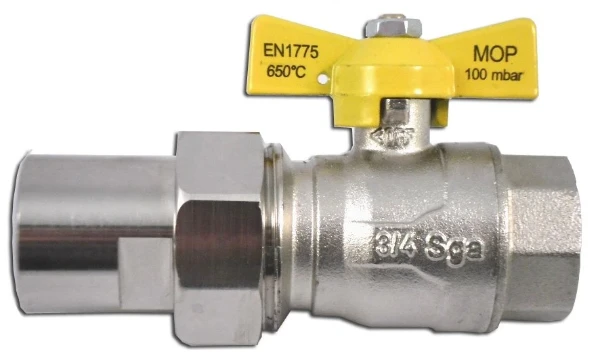 SGA robinet gaz à bille avec levier papillon (jaune) en raccord FF 3/4 x 3/4 - ARGB agrée EN1775
