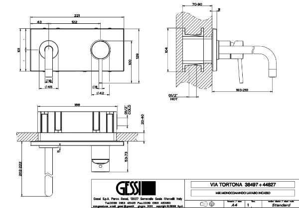 GESSI Via Tortona Parties apparentes pour mitigeur lavabo mural avec bec long sans vidage. Finox Brushed Nickel
