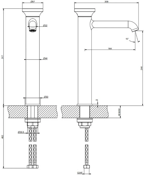 Gessi Origini mitigeur lavabo réhaussé sans vidage avec flexibles de raccordement. Insert en finition inclus. Combiner avec finitions differentes avec insert 66600 ou insert ART 66602 - Gun metal