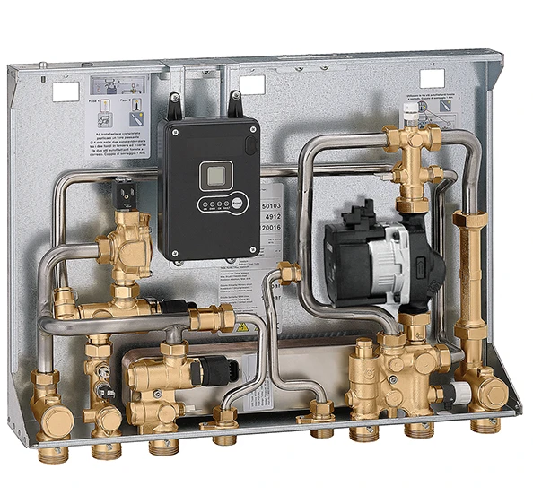 Caleffi Distributie-unit compact, inbouw, (cv+san) 40kW, lage t° + hoge t° (5kW), HE pomp