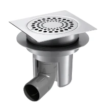 DELABIE Siphon sol dur 150x150 H. régl. sortie horizontale coude Ø50