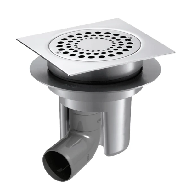 DELABIE Siphon sol dur 150x150 H. régl. sortie horizontale coude Ø50