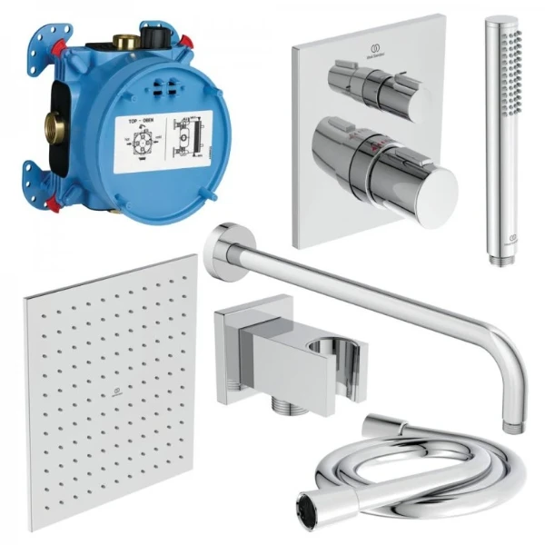 Ideal Standard Ceratherm C100 PACK ALL-IN-One système de douche encastré avec Ceratherm C100 partie apparente - partie encastrée Easy-box - IdealRain bras pour douche de tête 400 mm - douche de tête 3